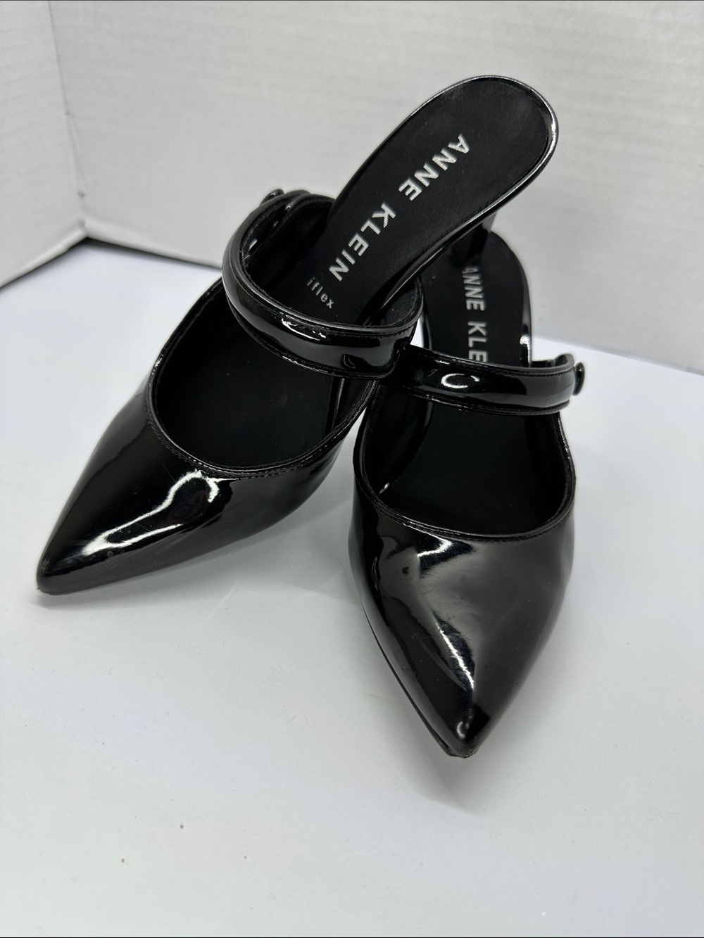 Anne Klein Black Patent Pointed-Toe Mary Jane Mules with Strap